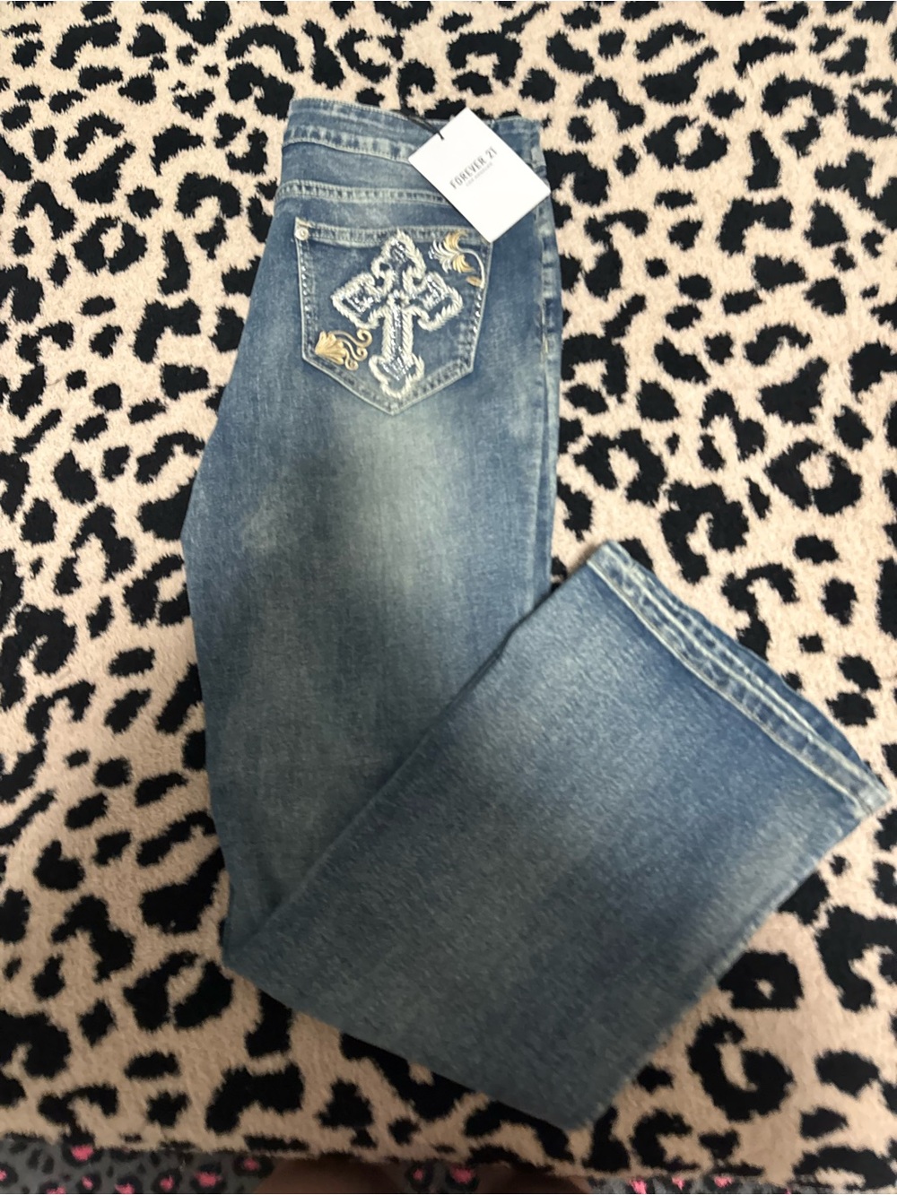 Forever 21 Mid-Blue Bootcut Jeans with Embroidered Cross Pocket